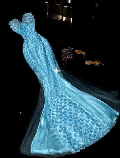 Elegant Mermaid Blue Evening Dresses Sweetheart Tulle Long Prom Dresses Sleeveless Blue Party Dresses ED05423