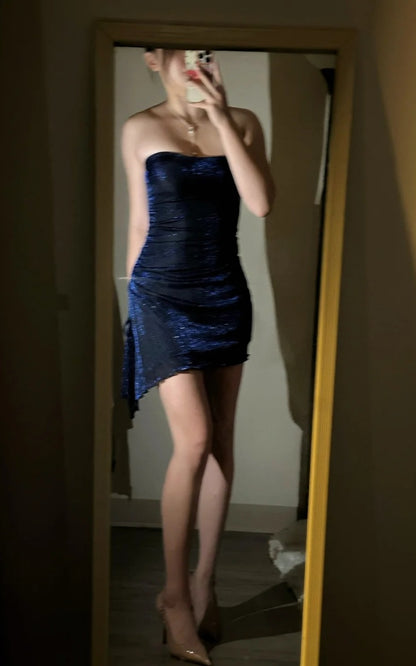 Glitter Sheath Navy Blue Evening Dresses Strapless Satin Short Prom Dresses Sleeveless Navy Blue Party Dresses ED05424