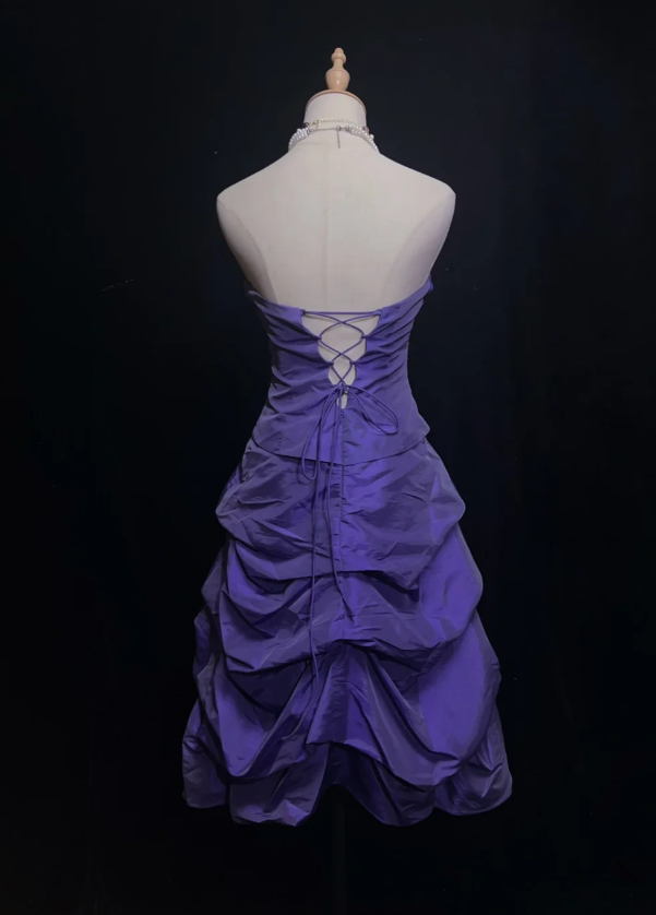 Cute A-Line Purple Evening Dresses Strapless Satin Short Prom Dresses Sleeveless Purple Party Dresses ED05425