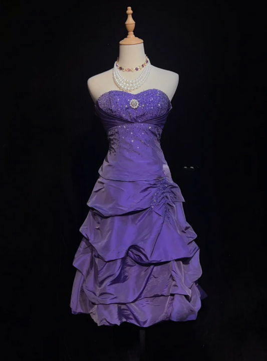 Cute A-Line Purple Evening Dresses Strapless Satin Short Prom Dresses Sleeveless Purple Party Dresses ED05425