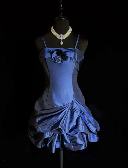 Cute A-Line Blue Evening Dresses Spaghetti Straps Satin Short Prom Dresses Sleeveless Blue Party Dresses ED05426