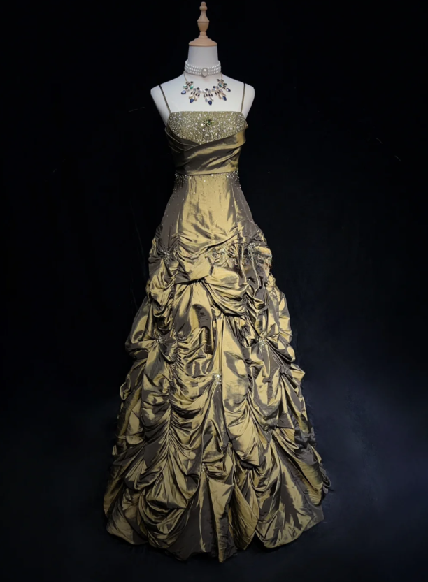 Fairy A-Line Green Birthday Dresses Spaghetti Straps Satin Long Prom Dresses Sleeveless Green Quinceanera Dresses ED05427