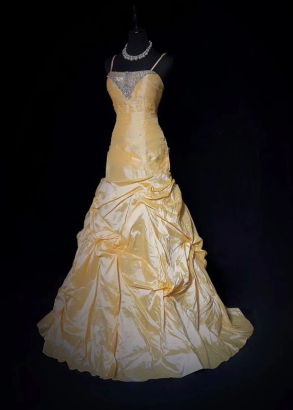 Fairy A-Line Yellow Birthday Dresses Spaghetti Straps Satin Long Prom Dresses Sleeveless Yellow Quinceanera Dresses ED05428