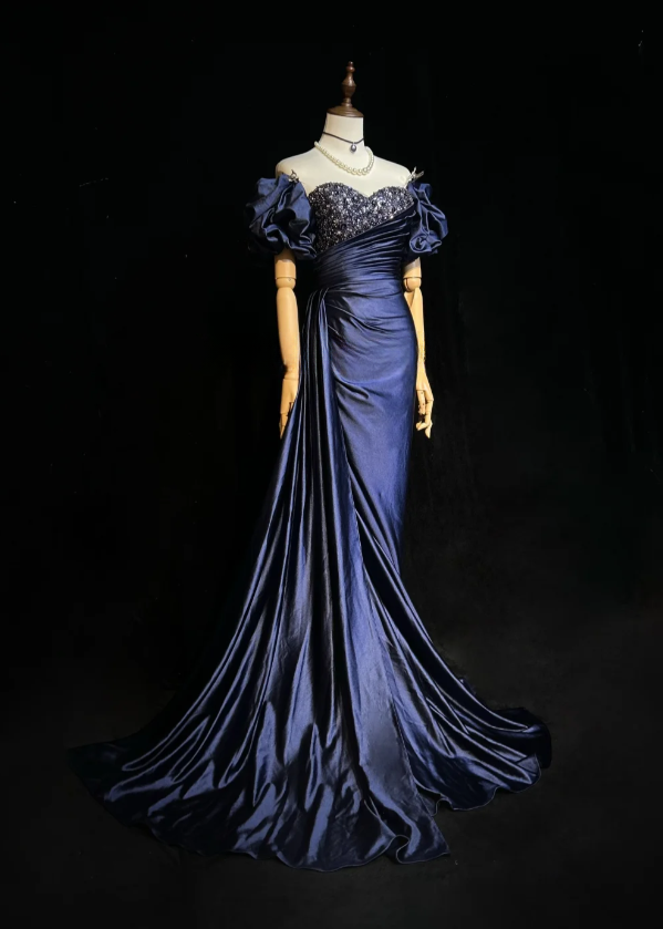 Elegant Sheath Navy Blue Long Prom Dresses Off-shoulder Satin Birthday Dresses Sleeveless Navy Blue Formal Dresses ED05429