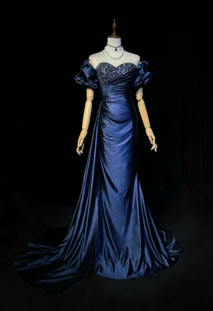 Elegant Sheath Navy Blue Long Prom Dresses Off-shoulder Satin Birthday Dresses Sleeveless Navy Blue Formal Dresses ED05429