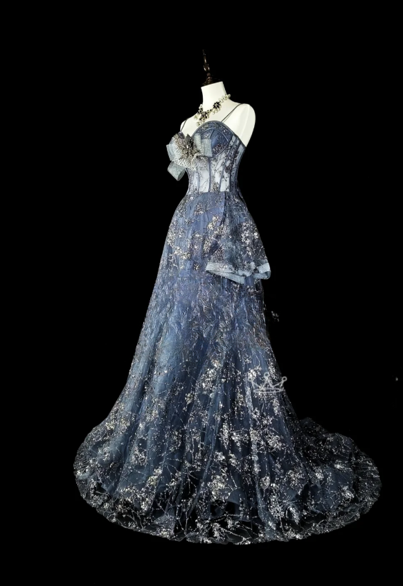 Chic A-Line Gray Blue Long Prom Dresses Spaghetti Straps Tulle Sequins Evening Dresses Sleeveless Gray Blue Formal Dresses ED05430