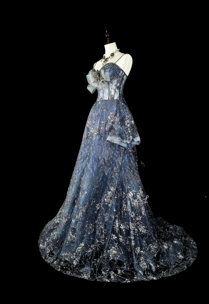 Chic A-Line Gray Blue Long Prom Dresses Spaghetti Straps Tulle Sequins Evening Dresses Sleeveless Gray Blue Formal Dresses ED05430