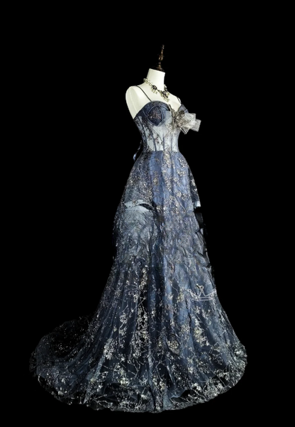 Chic A-Line Gray Blue Long Prom Dresses Spaghetti Straps Tulle Sequins Evening Dresses Sleeveless Gray Blue Formal Dresses ED05430