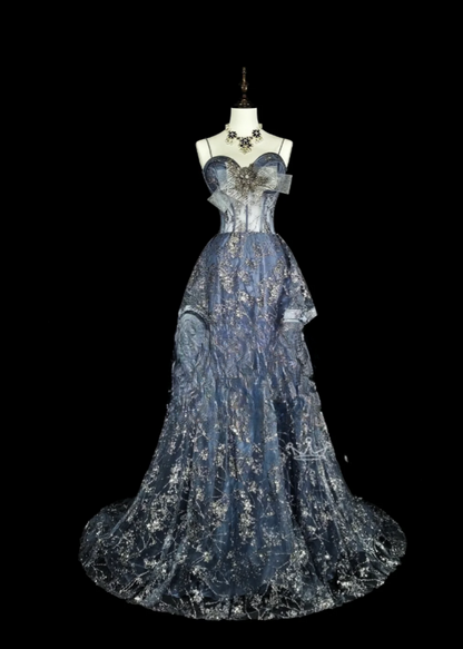 Chic A-Line Gray Blue Long Prom Dresses Spaghetti Straps Tulle Sequins Evening Dresses Sleeveless Gray Blue Formal Dresses ED05430