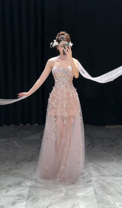 Chic Sheath Pink Long Prom Dresses Tulle Appliques Strapless Evening Dresses Sleeveless Pink Formal Dresses ED05431