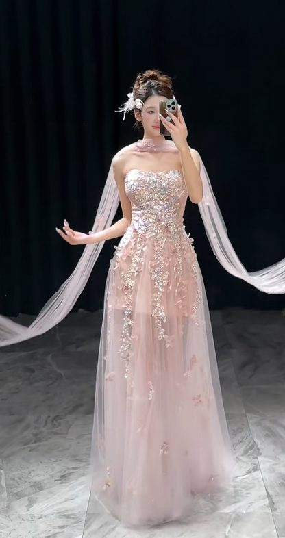 Chic Sheath Pink Long Prom Dresses Tulle Appliques Strapless Evening Dresses Sleeveless Pink Formal Dresses ED05431