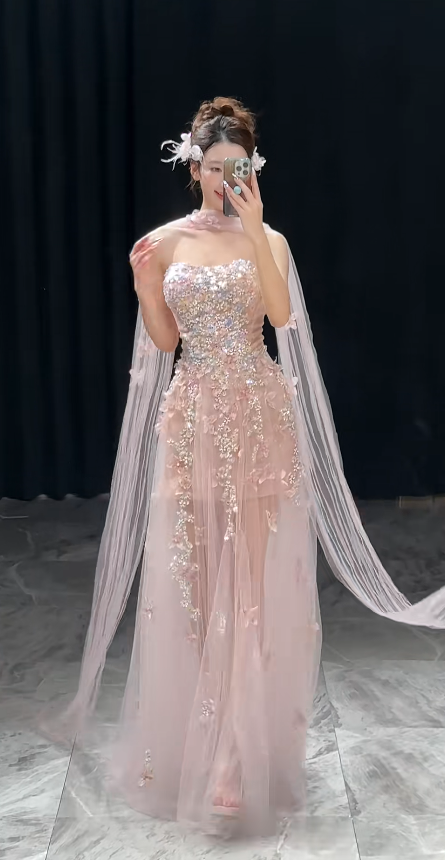 Chic Sheath Pink Long Prom Dresses Tulle Appliques Strapless Evening Dresses Sleeveless Pink Formal Dresses ED05431