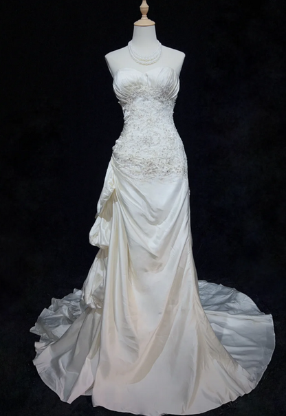 Vintage Sheath Long Wedding Dresses Sweetheart Satin White Bridal Gowns Sleeveless Bridal Dresses ED05432