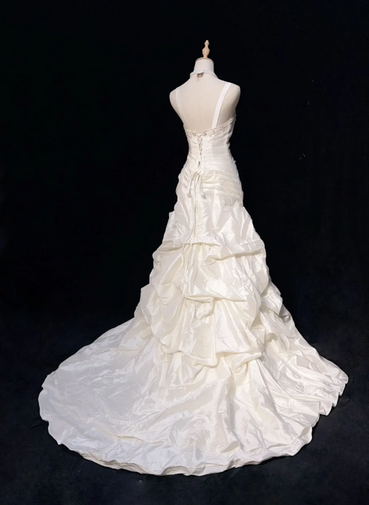 Vintage Sheath Long Wedding Dresses Spaghetti Straps Satin  White Bridal Gowns Sleeveless Bridal Dresses ED05433