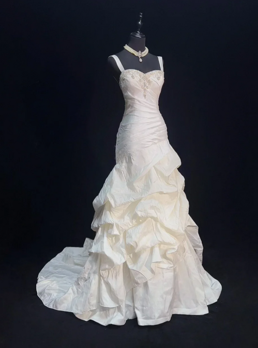 Vintage Sheath Long Wedding Dresses Spaghetti Straps Satin  White Bridal Gowns Sleeveless Bridal Dresses ED05433