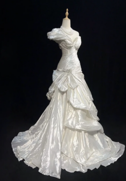 Vintage Sheath Long Wedding Dresses One-shoulder Satin  White Bridal Gowns Sleeveless Bridal Dresses ED05434