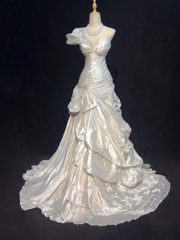 Vintage Sheath Long Wedding Dresses One-shoulder Satin  White Bridal Gowns Sleeveless Bridal Dresses ED05434