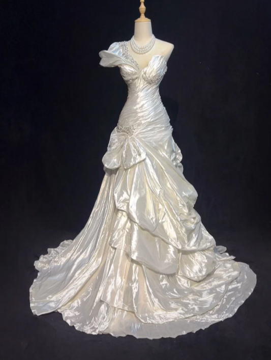 Vintage Sheath Long Wedding Dresses One-shoulder Satin  White Bridal Gowns Sleeveless Bridal Dresses ED05434