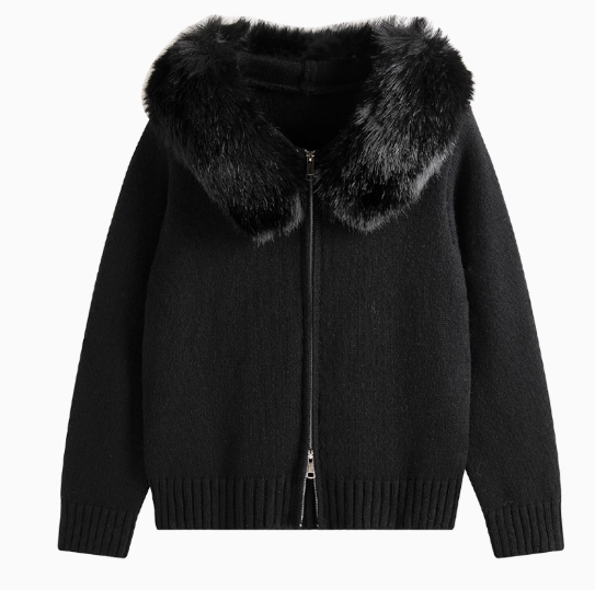 2025 New Style Fashion Hooded Fur Collar Zipper Loose Sweater ED0544