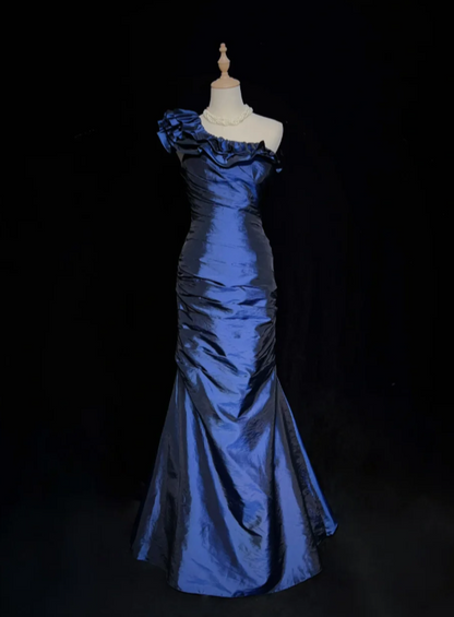 Gorgeous Mermaid Blue Long Prom Dresses One-shoulder Satin Evening Dresses Sleeveless Blue Party Dresses ED05440