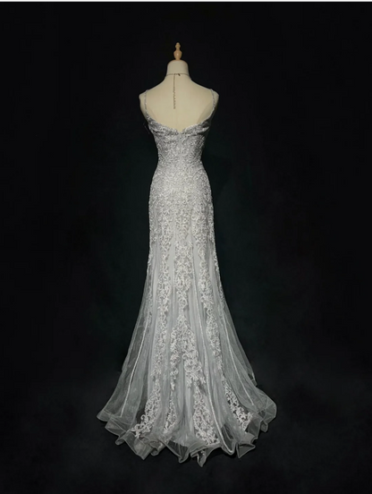 Glam Mermaid Gray Long Prom Dresses Spaghetti Straps Tulle Applique Evening Dresses Sleeveless Gray Formal Dresses ED05441