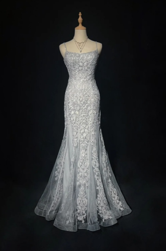 Glam Mermaid Gray Long Prom Dresses Spaghetti Straps Tulle Applique Evening Dresses Sleeveless Gray Formal Dresses ED05441