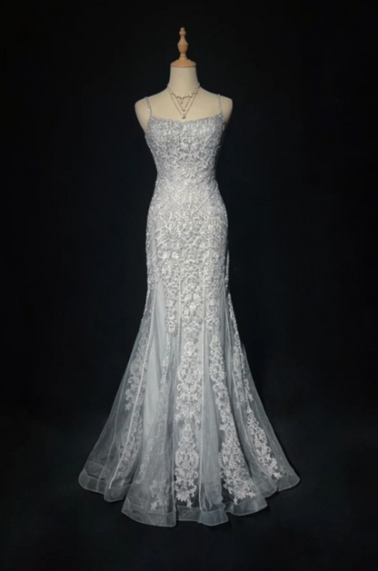 Glam Mermaid Gray Long Prom Dresses Spaghetti Straps Tulle Applique Evening Dresses Sleeveless Gray Formal Dresses ED05441