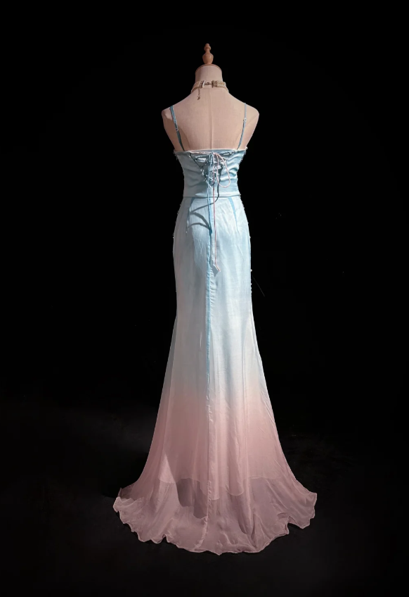 Glam Sheath Blue Long Prom Dresses Spaghetti Straps Chiffon Beaded Evening Dresses Sleeveless Blue Formal Dresses ED05442