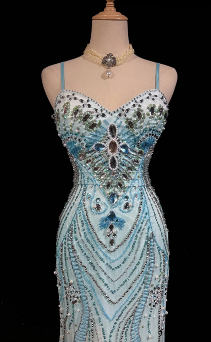 Glam Sheath Blue Long Prom Dresses Spaghetti Straps Chiffon Beaded Evening Dresses Sleeveless Blue Formal Dresses ED05442