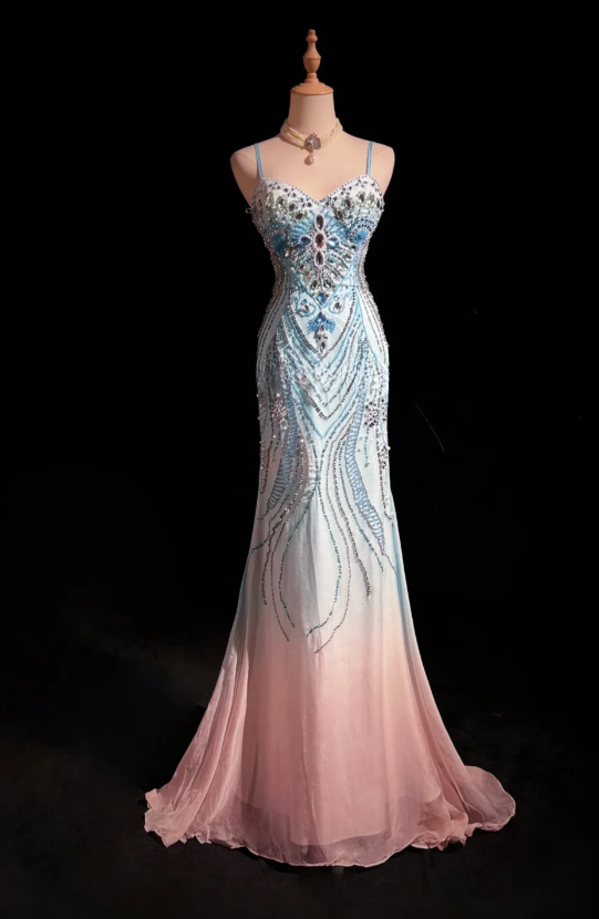 Glam Sheath Blue Long Prom Dresses Spaghetti Straps Chiffon Beaded Evening Dresses Sleeveless Blue Formal Dresses ED05442