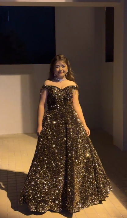 Glam A-Line Black Long Prom Dresses Off-shoulder Velvet Sequins Evening Dresses Sleeveless Black Formal Dresses ED05443