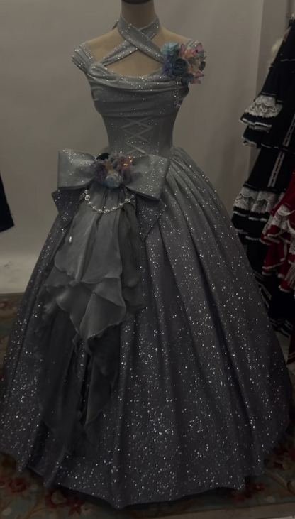 Fairy A-Line Gray Long Prom Dresses Halter Satin Evening Dresses Sleeveless  Gray Formal Dresses ED05444