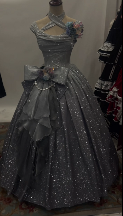 Fairy A-Line Gray Long Prom Dresses Halter Satin Evening Dresses Sleeveless  Gray Formal Dresses ED05444