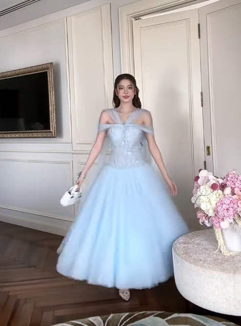 Fairy A-Line Blue Long Prom Dresses Off-shoulder Tulle Evening Dresses Sleeveless  Blue Birthday Dresses ED05445