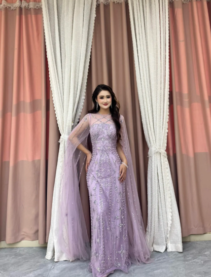 Glam Sheath Purple Long Evening Dresses Tulle Beaded Wedding Guest Dresses ED05446