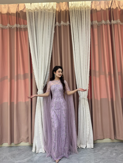 Glam Sheath Purple Long Evening Dresses Tulle Beaded Wedding Guest Dresses ED05446