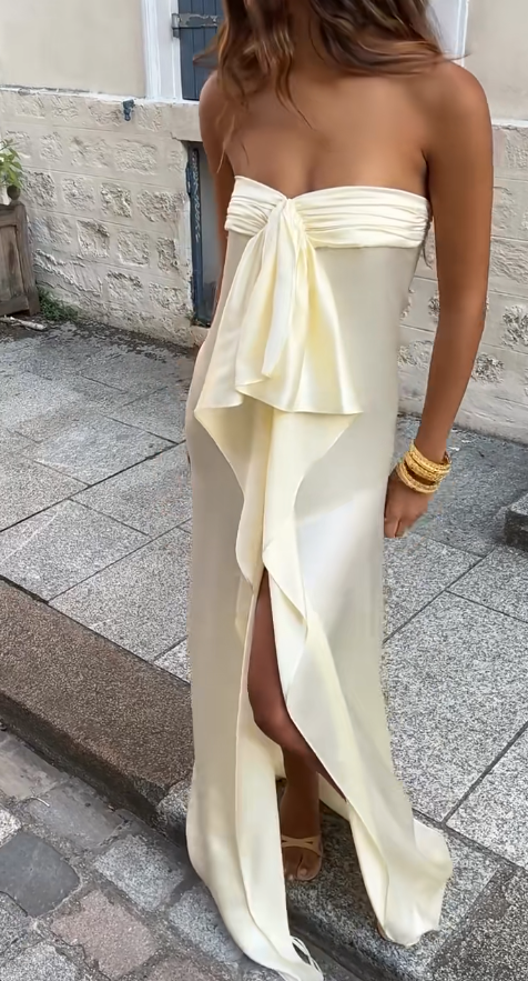 Simple Strapless Sheath Long Prom Dresses Chiffon Yellow Party dresses Evening Dresses ED05450