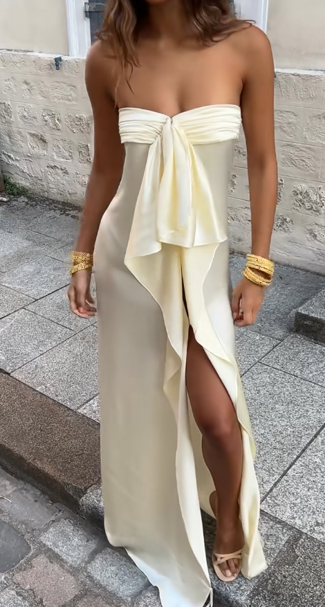 Simple Strapless Sheath Long Prom Dresses Chiffon Yellow Party dresses Evening Dresses ED05450