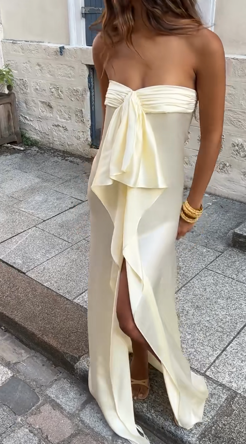 Simple Strapless Sheath Long Prom Dresses Chiffon Yellow Party dresses Evening Dresses ED05450