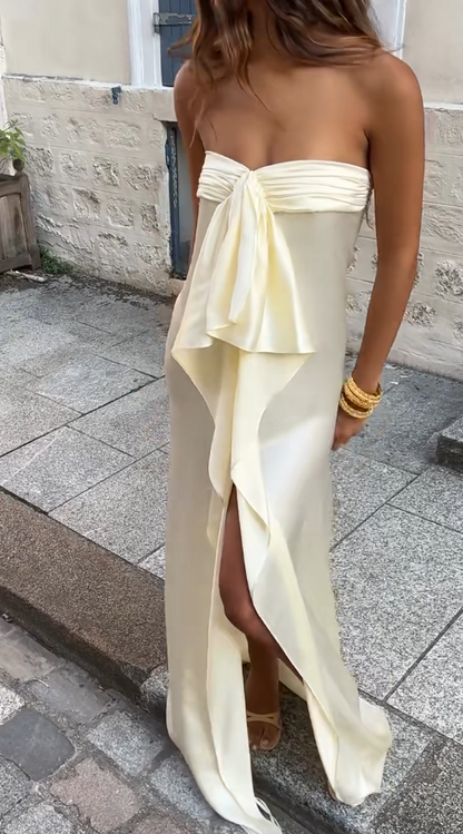 Simple Strapless Sheath Long Prom Dresses Chiffon Yellow Party dresses Evening Dresses ED05450