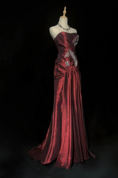 Chic Strapless Sheath Long Prom Dresses Satin Burgundy Evening Dresses  ED05455