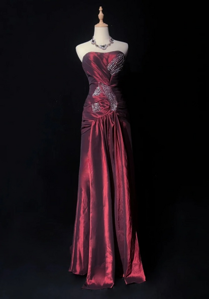 Chic Strapless Sheath Long Prom Dresses Satin Burgundy Evening Dresses  ED05455