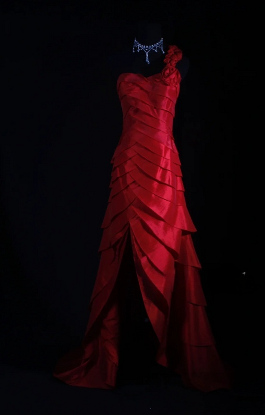 Vintage Red Prom Dresses Satin One-shoulder Birthday Dresses Beaded Sleeveless Sheath Evening Dresses ED05457