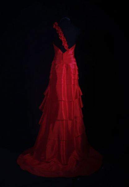 Vintage Red Prom Dresses Satin One-shoulder Birthday Dresses Beaded Sleeveless Sheath Evening Dresses ED05457