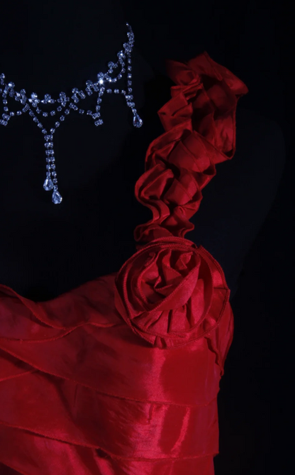 Vintage Red Prom Dresses Satin One-shoulder Birthday Dresses Beaded Sleeveless Sheath Evening Dresses ED05457