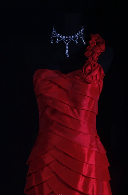 Vintage Red Prom Dresses Satin One-shoulder Birthday Dresses Beaded Sleeveless Sheath Evening Dresses ED05457