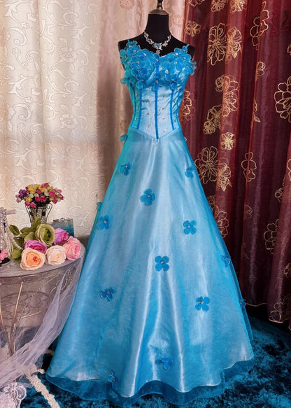 Chic A-Line Long Prom Dresses V-Neck Tulle Blue Birthday Dresses Appliques Sleeveless Evening Dresses ED05456