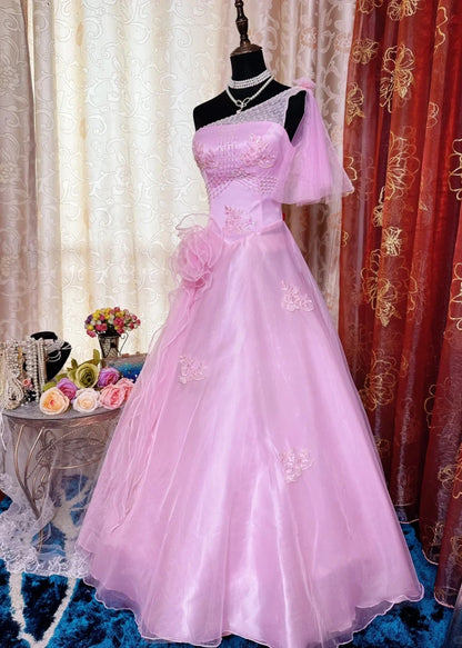 Chic A-Line Long Prom Dresses One-shoulder Tulle Pink Birthday Dresses Appliques Sleeveless Evening Dresses ED05458