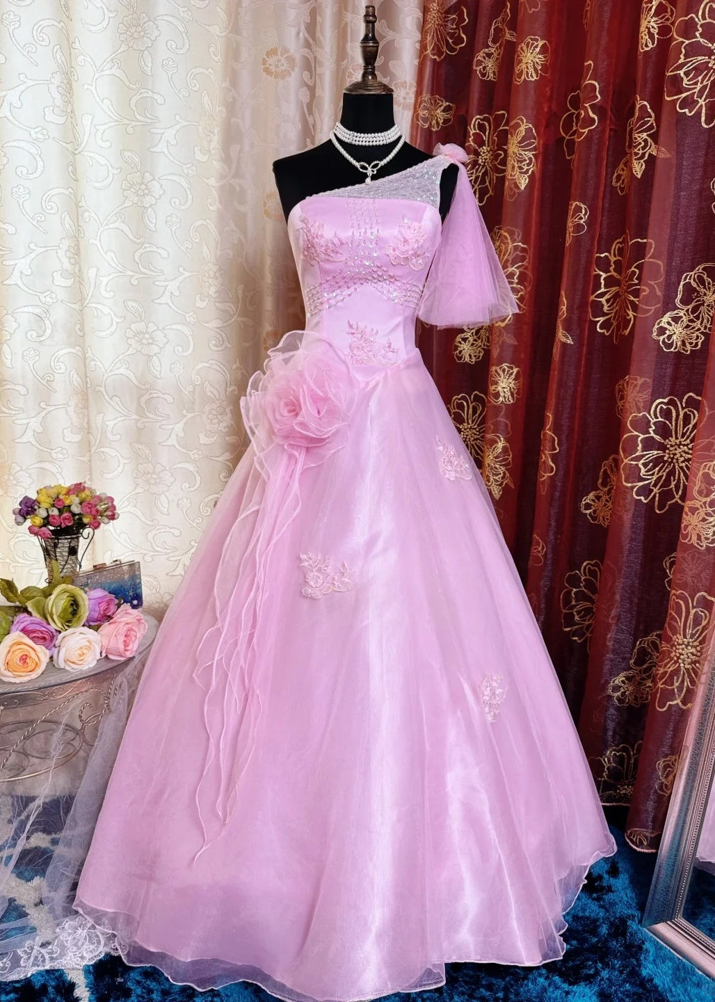Chic A-Line Long Prom Dresses One-shoulder Tulle Pink Birthday Dresses Appliques Sleeveless Evening Dresses ED05458
