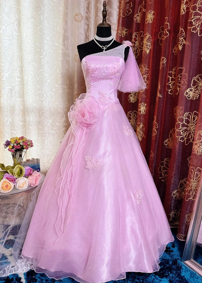 Chic A-Line Long Prom Dresses One-shoulder Tulle Pink Birthday Dresses Appliques Sleeveless Evening Dresses ED05458